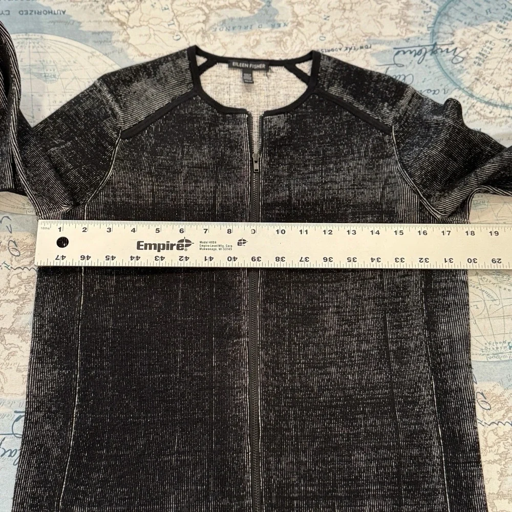 Eileen Fisher Black White Marled Knit Full Zip Collarless Jacket XS Professional